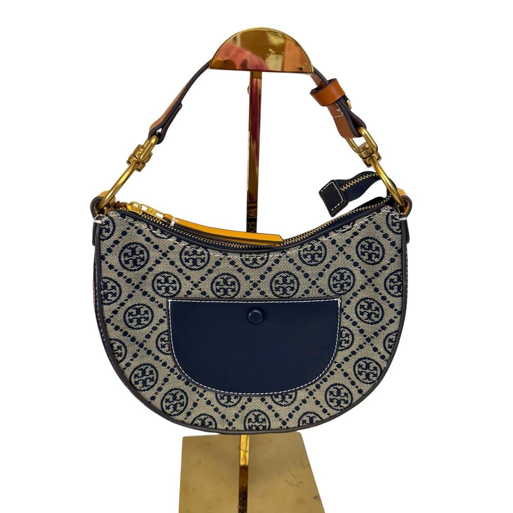 Tory Burch T Monogram Crescent Bag Small Blue Gray Leather Shoulder Purse Luxury